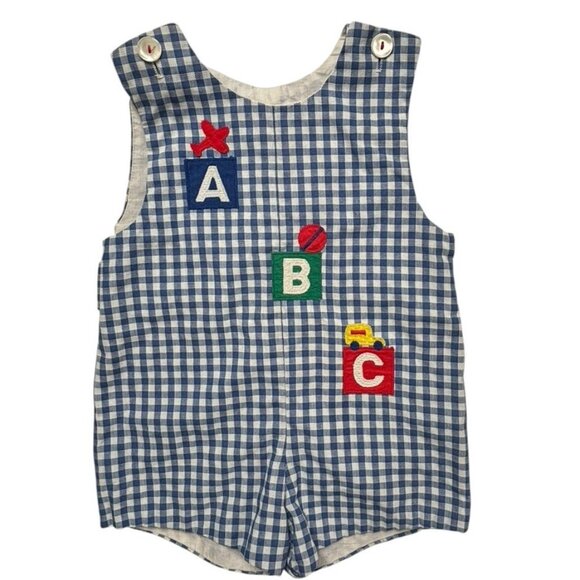 Vintage Boys 4T Check Shortall Romper ABC 70s Blue White Unbranded - Picture 1 of 4